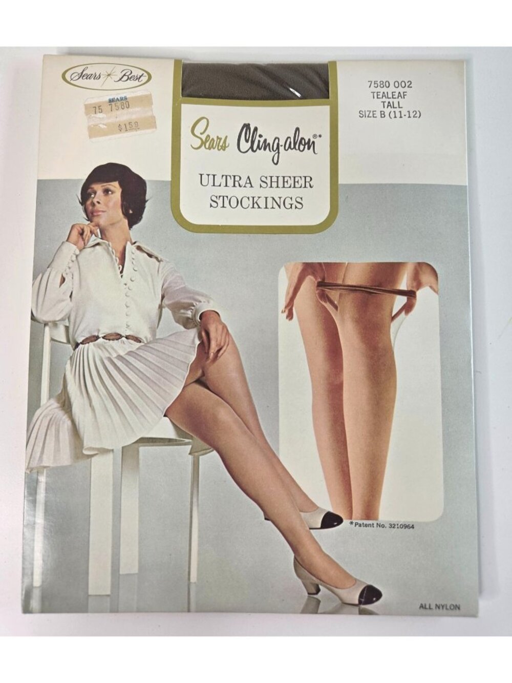 Vtg Sears Cling-Alon Ultra Sheer Stockings Tall Size B 11-12 Tealeaf Nylon